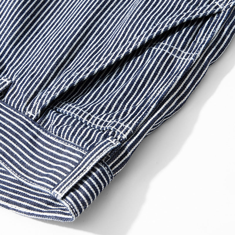 Multi-pocket work pants available in two styles: raw denim and striped denim