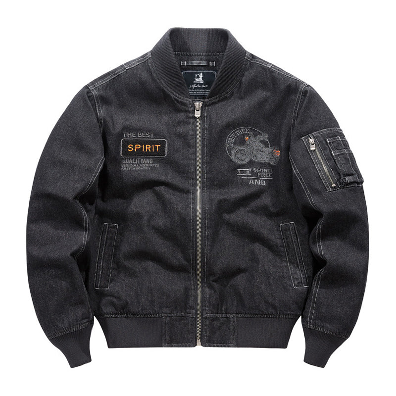 Distressed denim flight jacket with a maple leaf pattern on the back and motorcycle embroidery