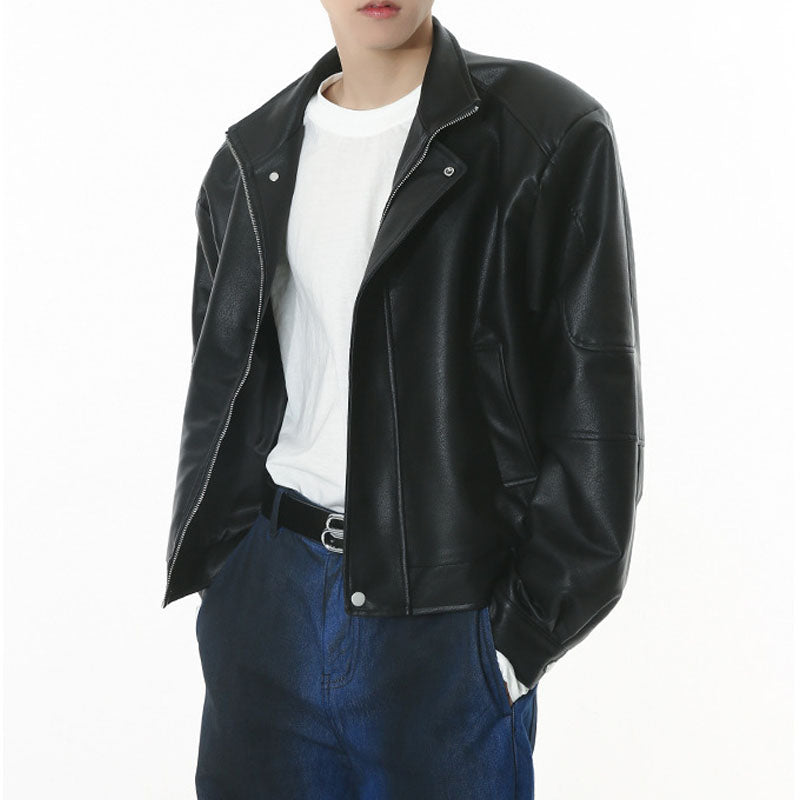 Classic short type shoulder pad simple PU leather jacket