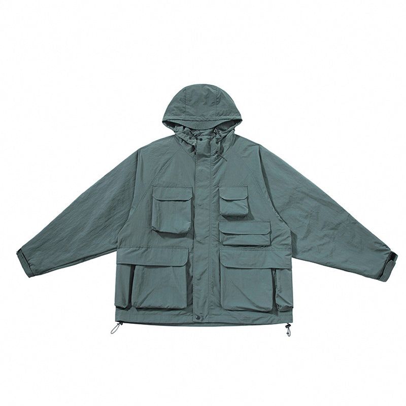 Solid color 3D multi-pocket hoodie cargo coat jacket