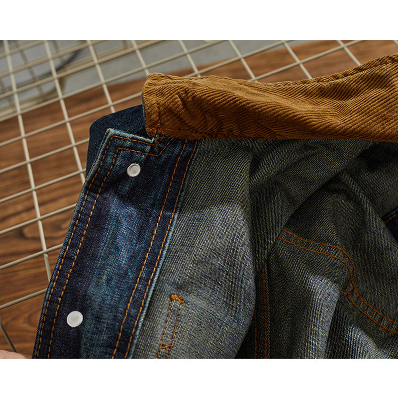 Corduroy-trimmed washed denim jacket
