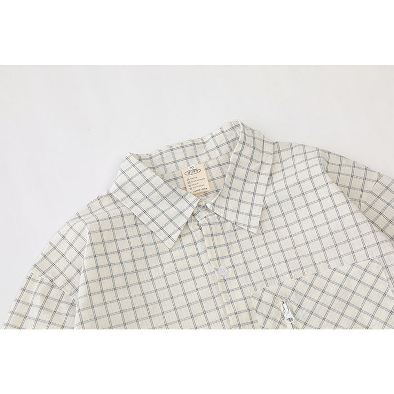 Classic zipper pocket check pattern short sleeve shirt