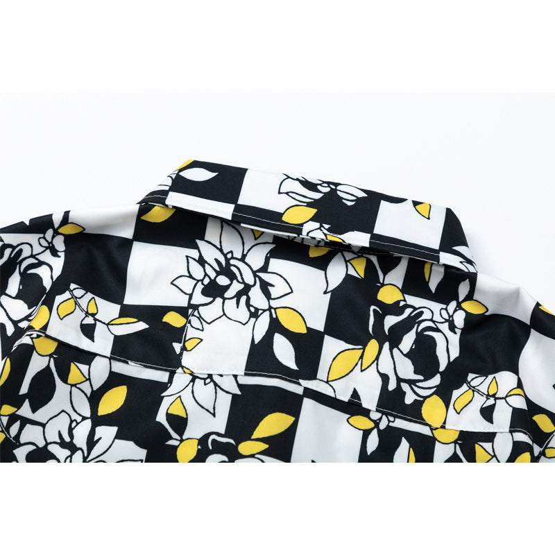Classic black and white checkered print short-sleeved shirt