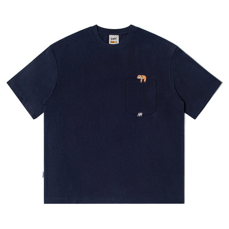 Embroidered pocket plain casual short sleeve T-shirt
