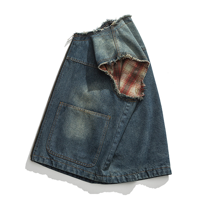 Reversible denim and check pattern 2-way vest