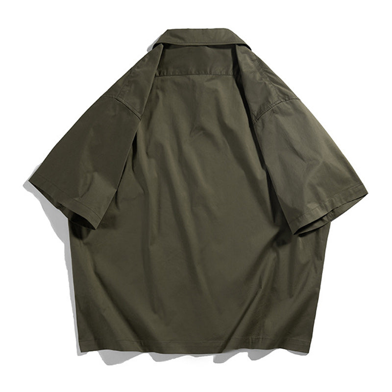 Retro Zipper Solid Work Short Sleeve Shirt