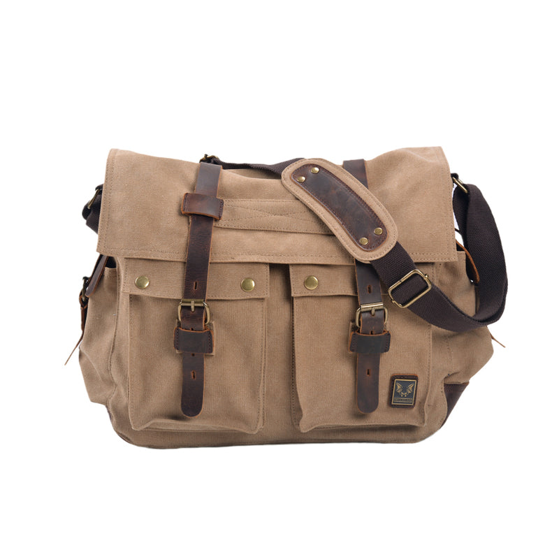 Large capacity canvas and genuine leather messenger bag in five colors