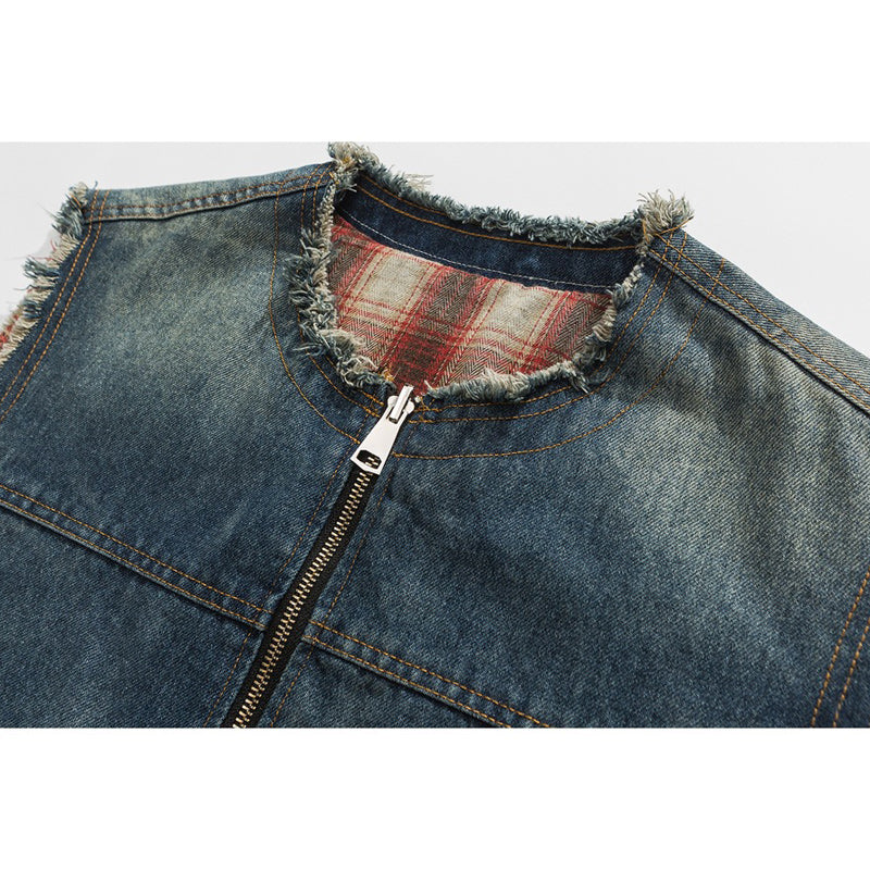 Reversible denim and check pattern 2-way vest