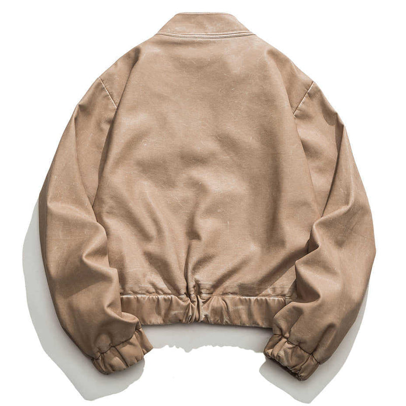 Retro stand-collar distressed motorcycle jacket