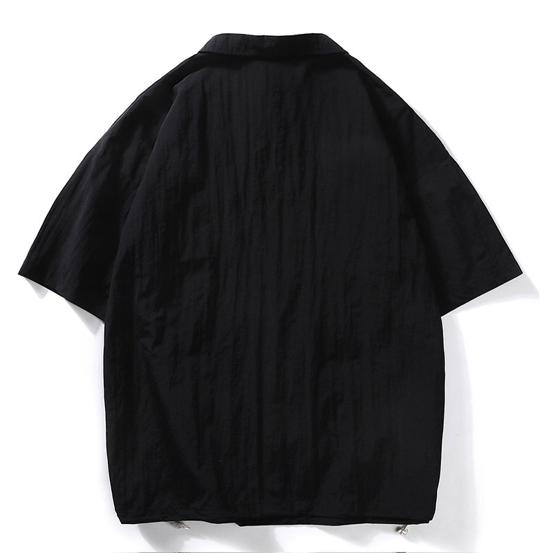 Functional pocket, fold-over neck, button-down casual short-sleeved shirt