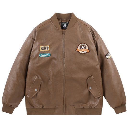 Men's Winter PU Leather Baseball Jacket, Loose Fit, Cold Weather, Windproof, and Warm, Stand-Up Collar