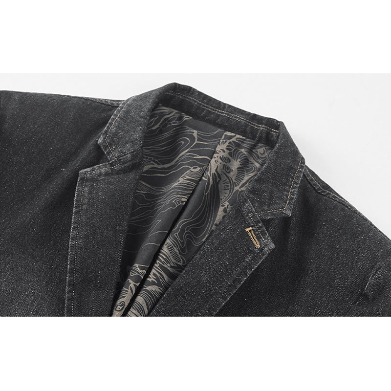 Distressed Leaf Pattern Denim Blazer Jacket