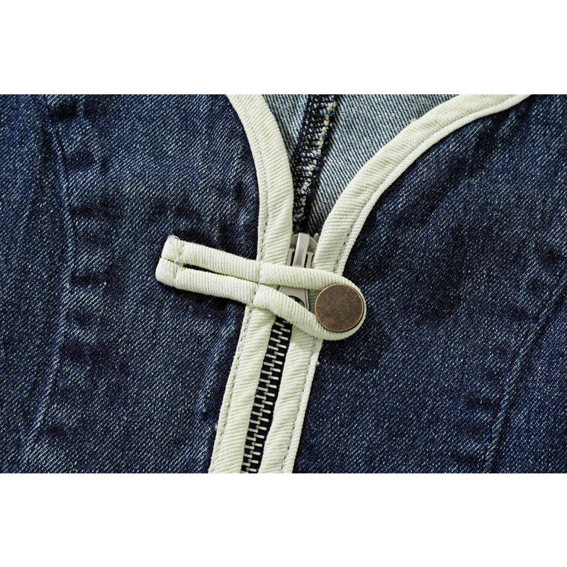 Chinese Button & Zip Collarless Denim Jacket