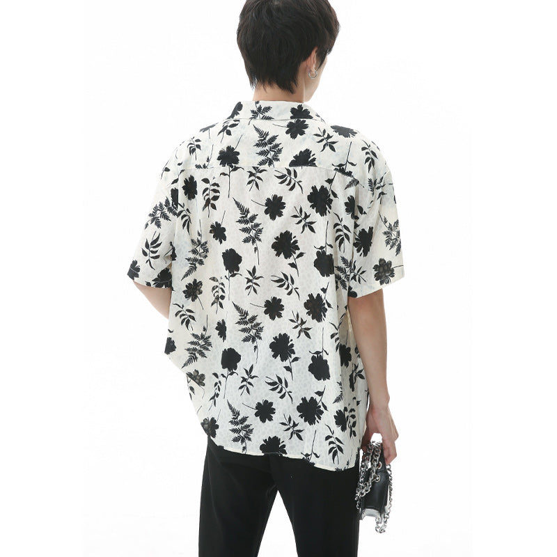 Retro folded neck floral short sleeve shirt