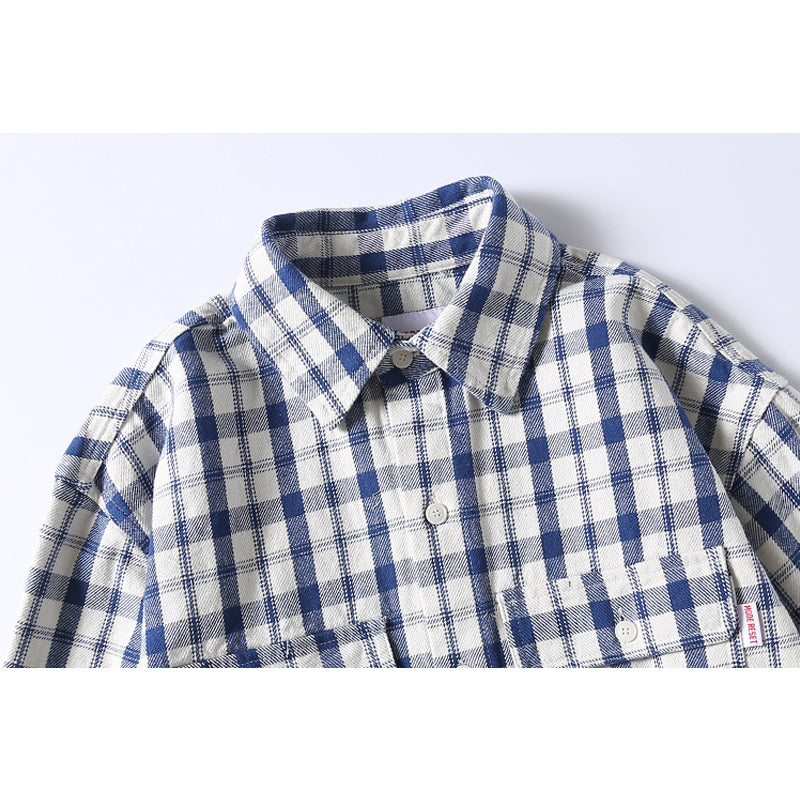 INS popular classic check pattern pocket long sleeve shirt