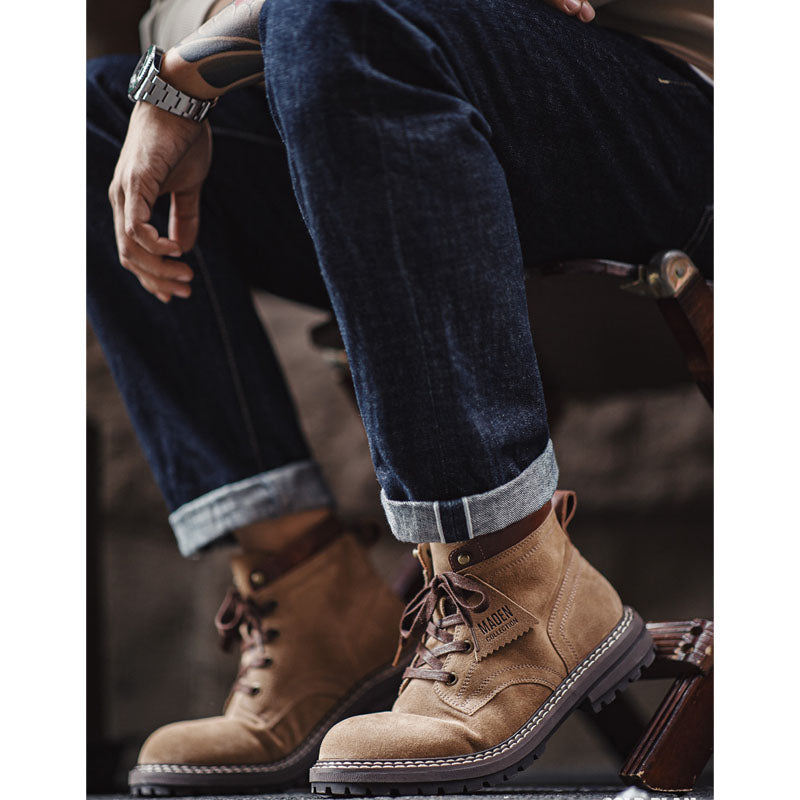 Gold plan cowhide x suede retro mid work boots