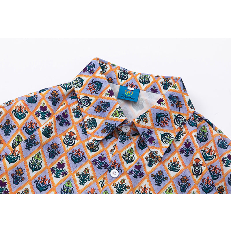 Retro Floral Diamond Short Sleeve Aloha Shirt