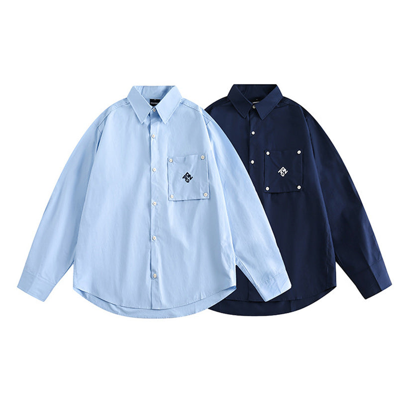 Classic plain pocket-decorated long-sleeved shirt