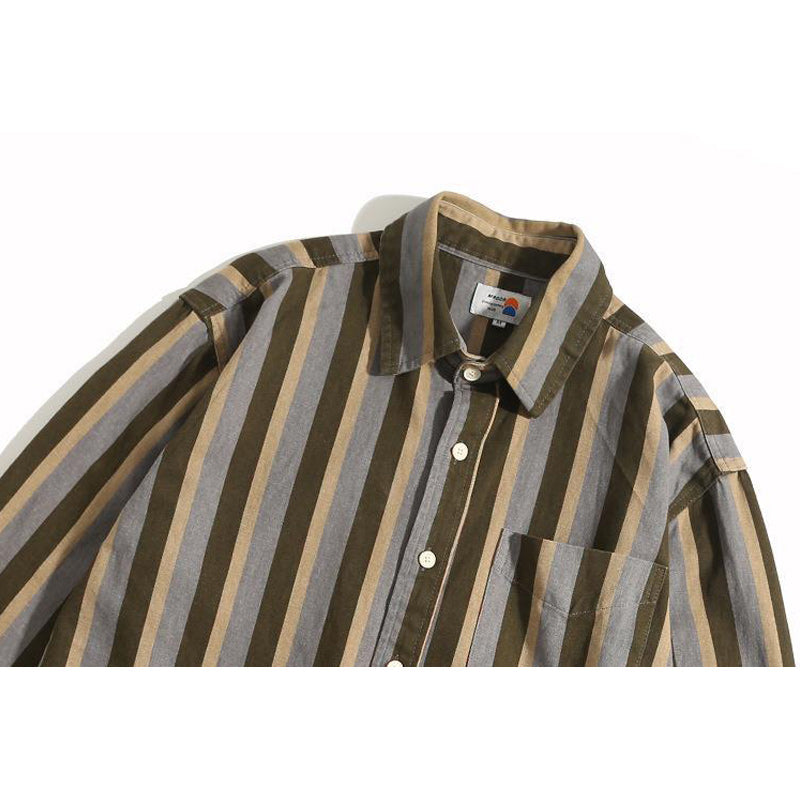 Retro color-block striped cotton long-sleeved shirt