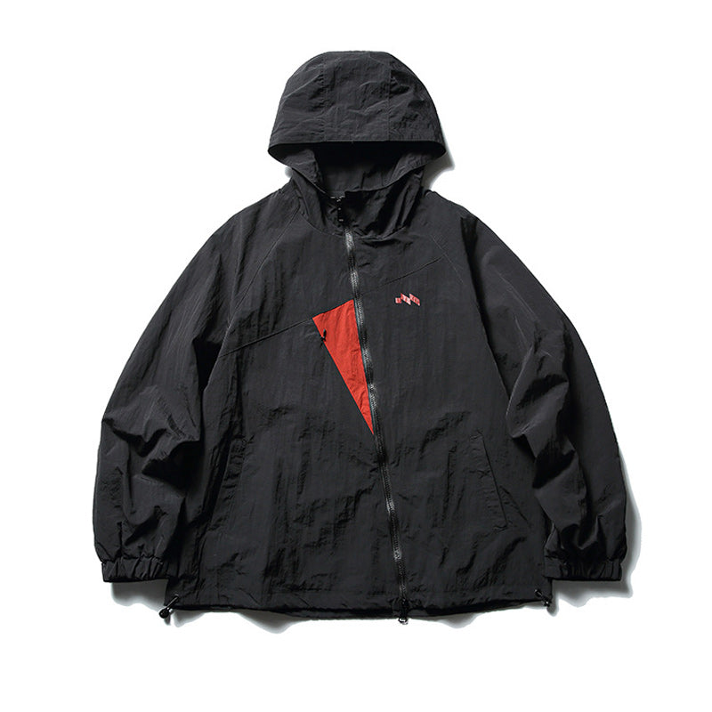 Color-coordinated irregular zipper hooded jacket