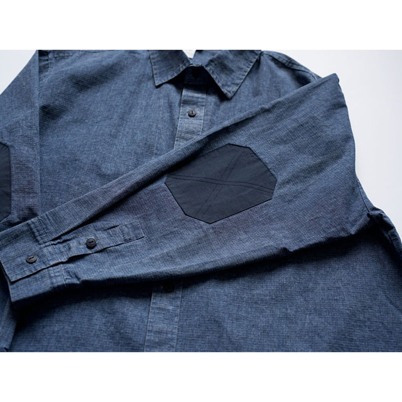 Elbow patch checkered indigo dyed shirt