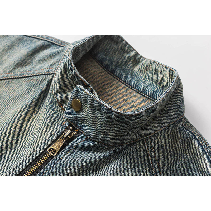 Stand collar washed denim embroidered jacket