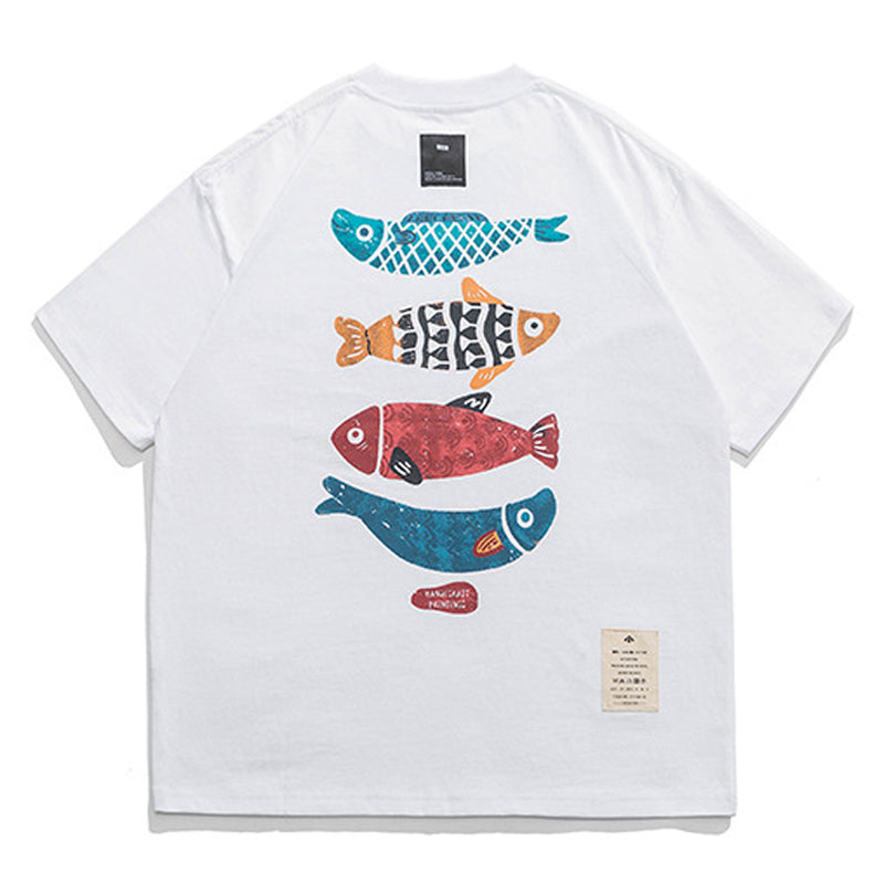 "Small Fish of the Mountains" Print Cotton Short Sleeve T-Shirt