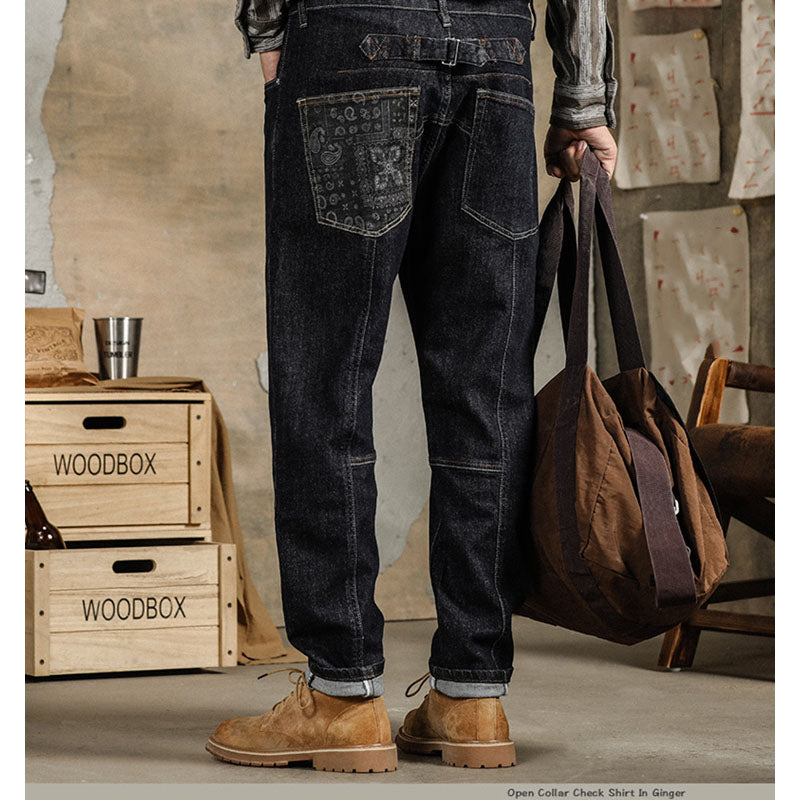 American casual cashew nut floral print tapered denim pants