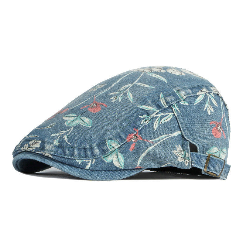 Ethnic print washed denim cap