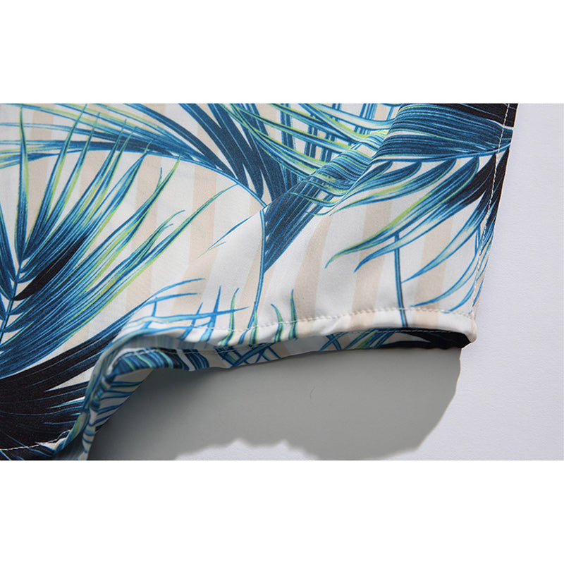 Striped Leaf Print Short Sleeve Aloha Shirt