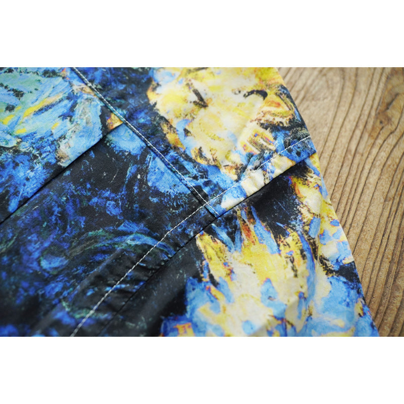 HAWAII ALOHA "Phantom Blue Flowers" Oil Painting Aloha Shirt