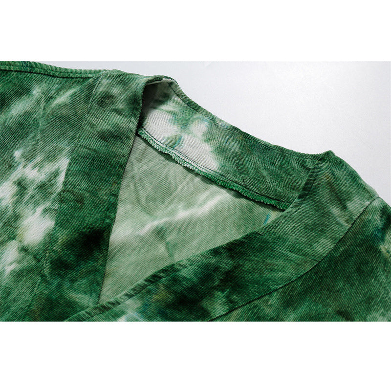 Hawaiian print tie-dye collarless short-sleeved shirt