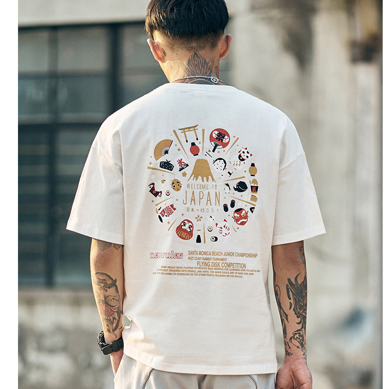夏新作 WELCOME TO JAPAN 日本文化プリント柄 半袖Tシャツ