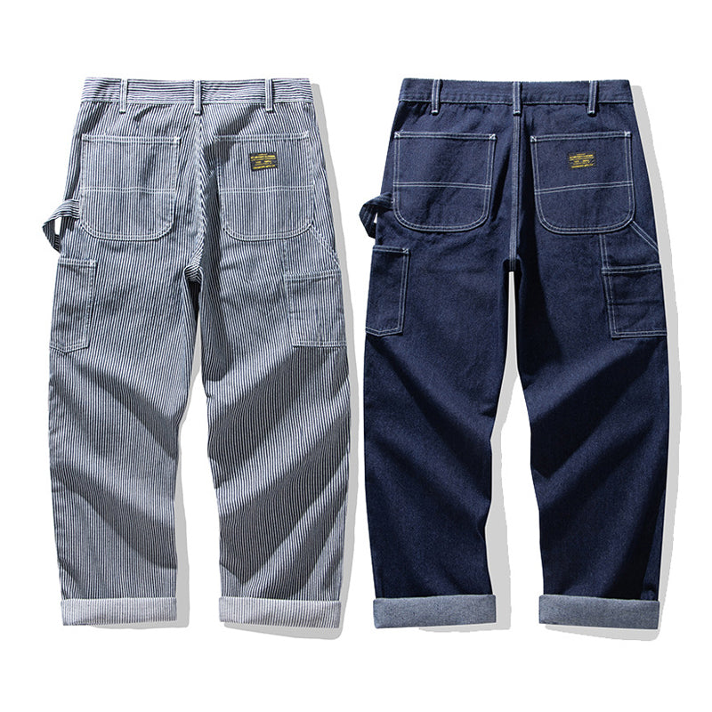 Multi-pocket work pants available in two styles: raw denim and striped denim