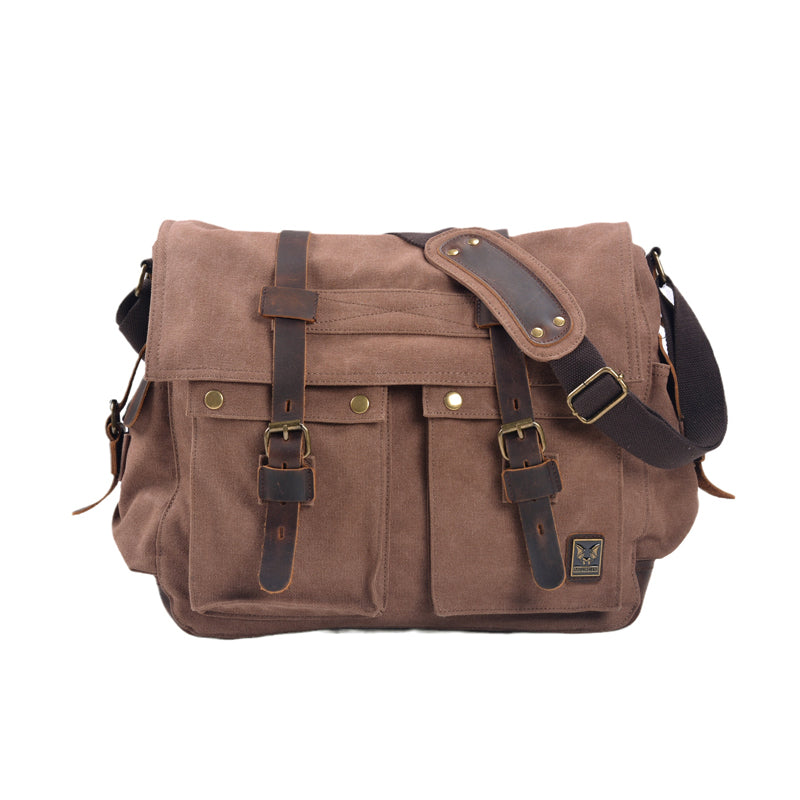 Large capacity canvas and genuine leather messenger bag in five colors