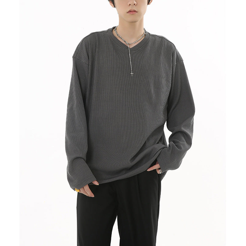 American casual plain V-neck long-sleeved T-shirt