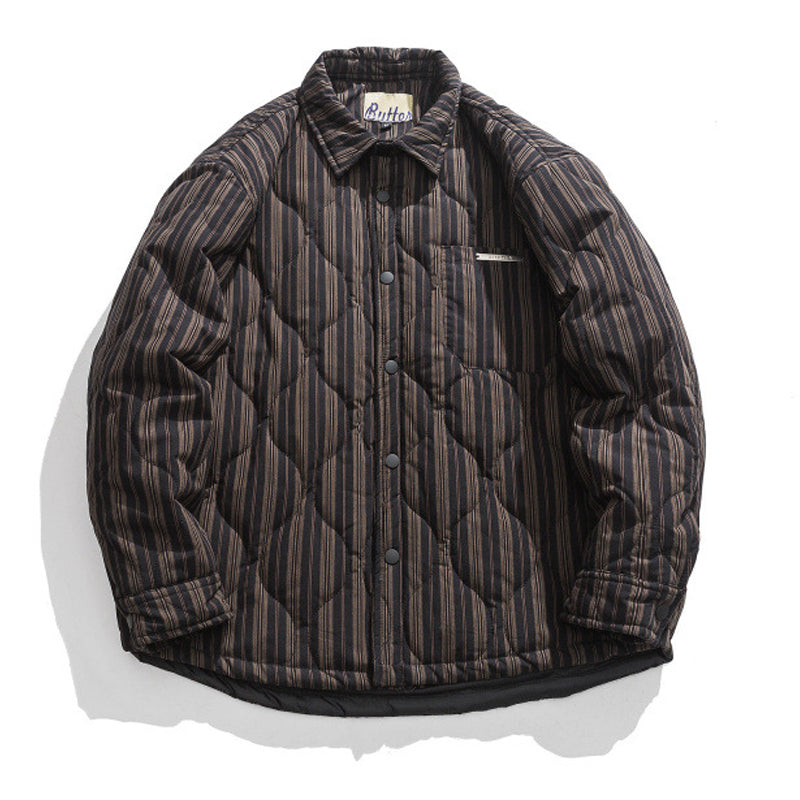 Winter Casual Striped Coat with Turndown Collar and Warm Down Jacket