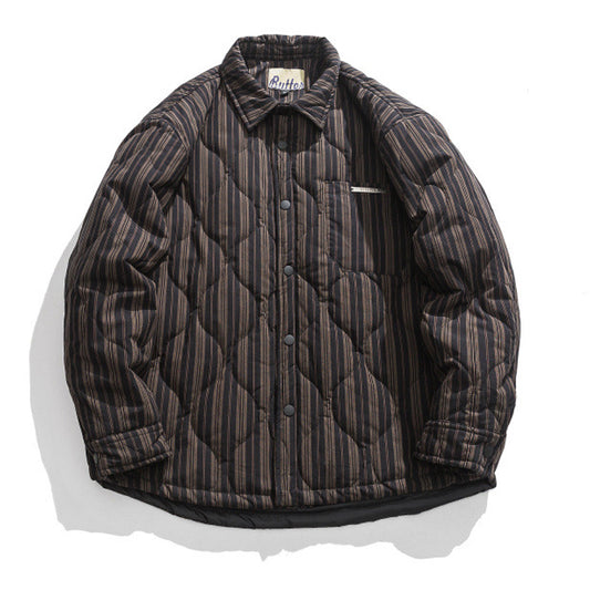Winter Casual Striped Coat with Turndown Collar and Warm Down Jacket