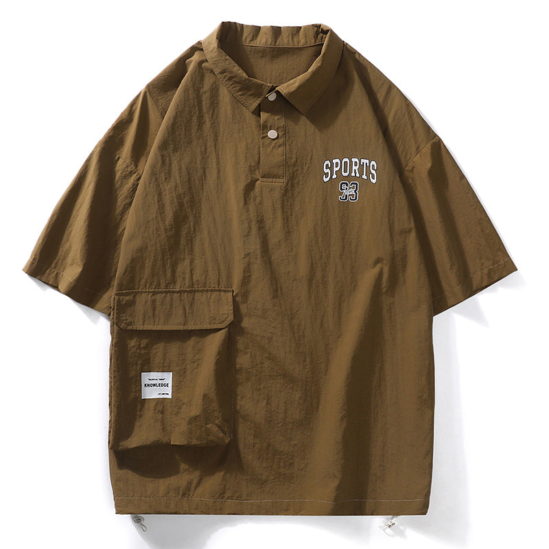 Functional pocket, fold-over neck, button-down casual short-sleeved shirt
