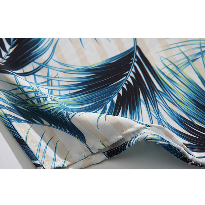 Striped Leaf Print Short Sleeve Aloha Shirt