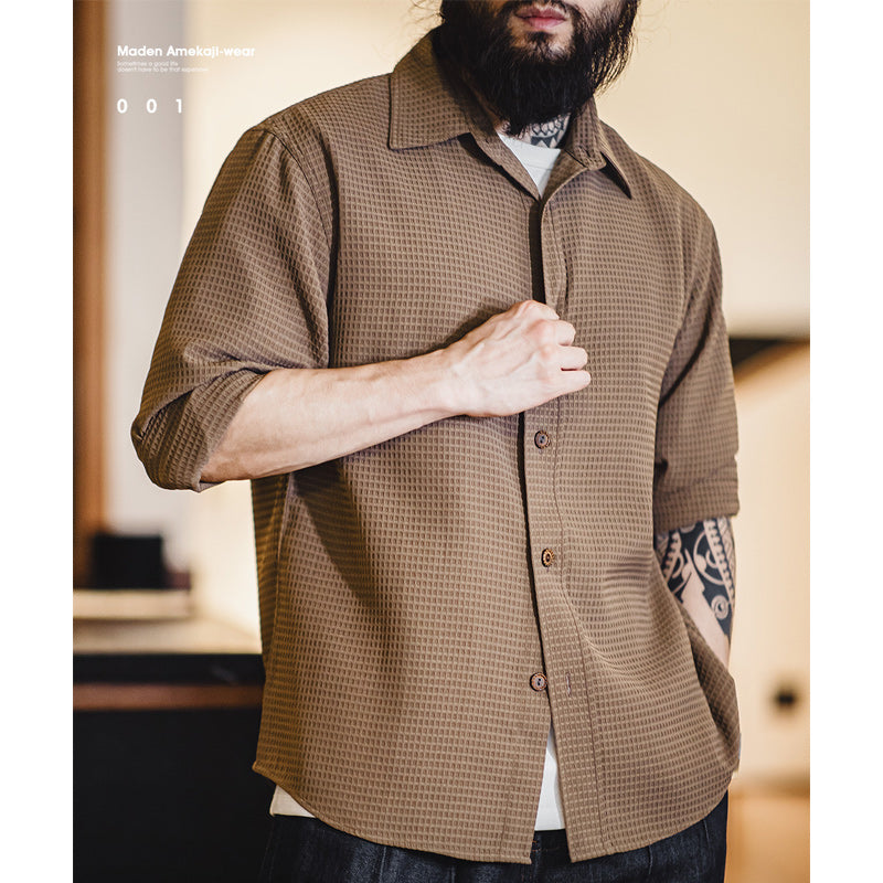 Two-tone waffle long-sleeved work shirt