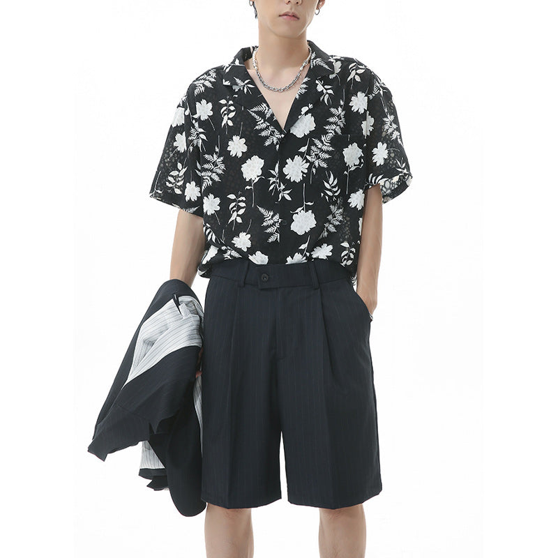 Retro folded neck floral short sleeve shirt