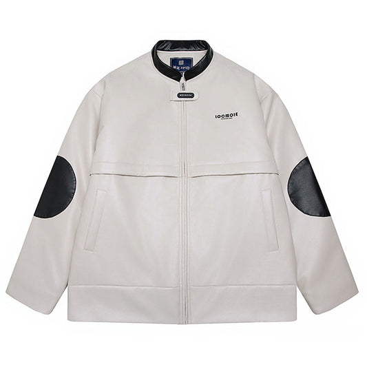 Color-block padded PU leather jacket