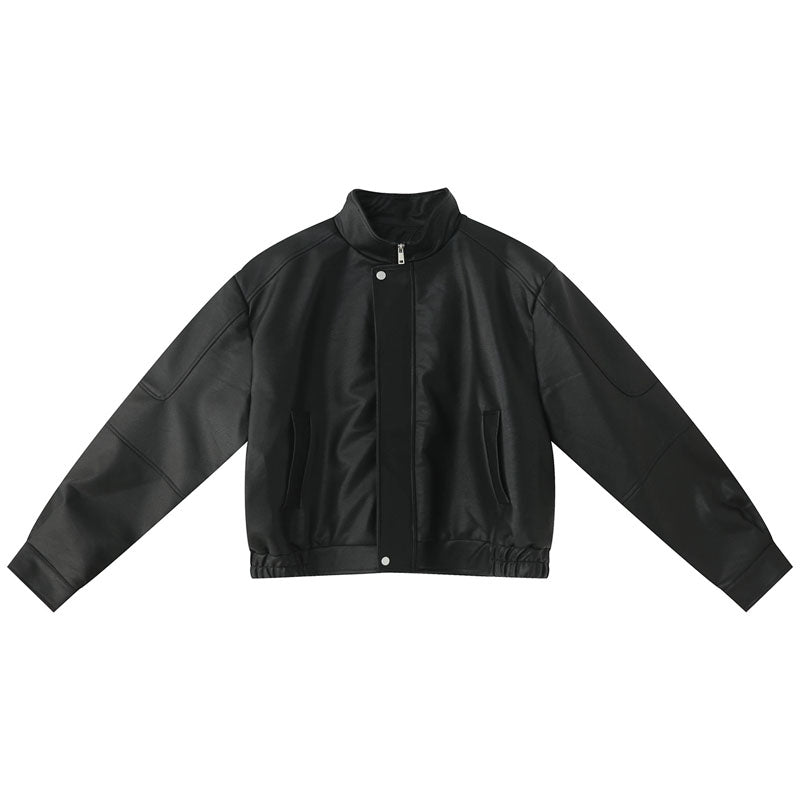 Classic short type shoulder pad simple PU leather jacket
