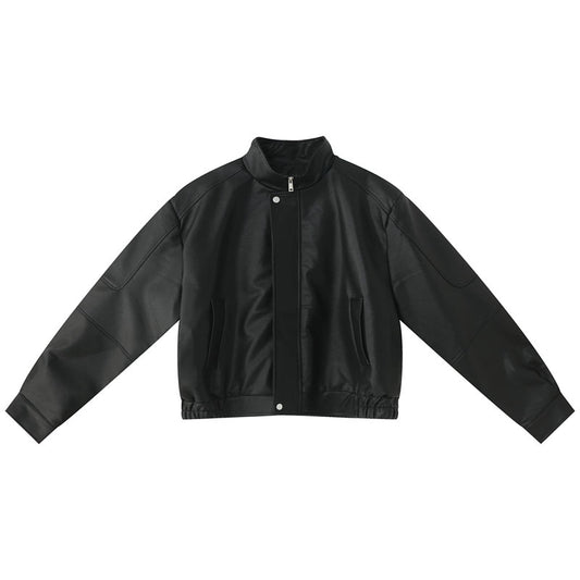 Classic short type shoulder pad simple PU leather jacket