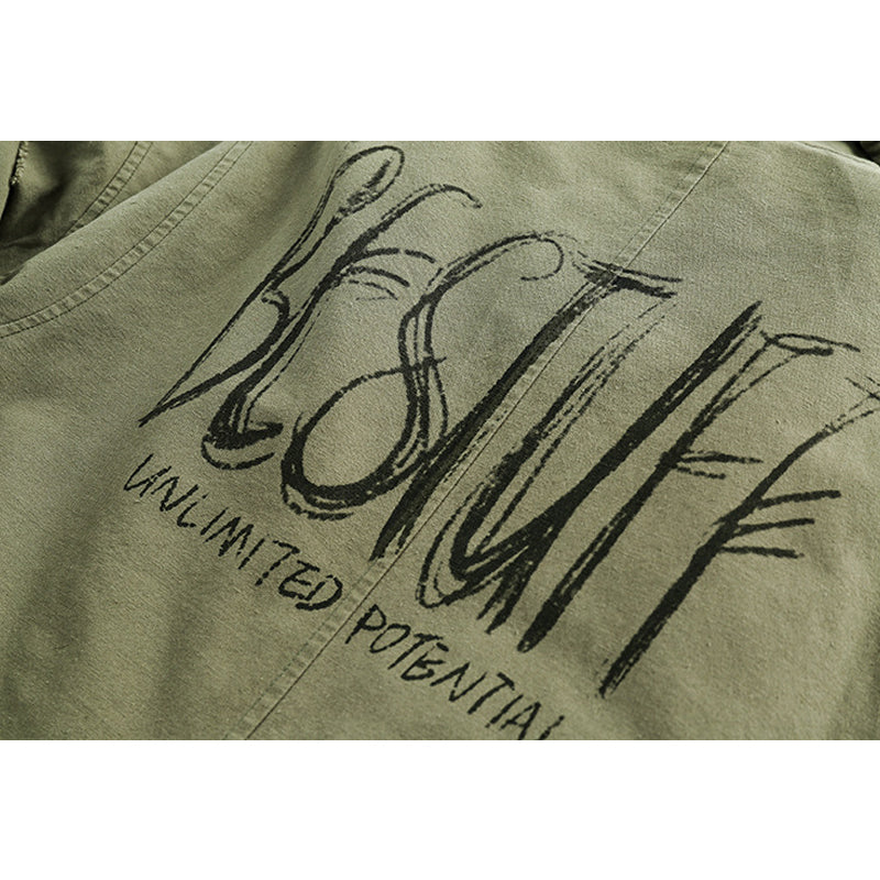 Washed padded shirt collar alphabet cargo down jacket