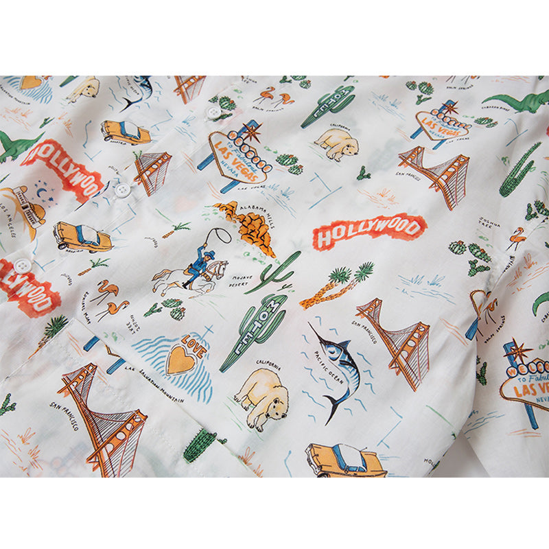 Retro Cartoon Print Hawaiian Short Sleeve Shirt