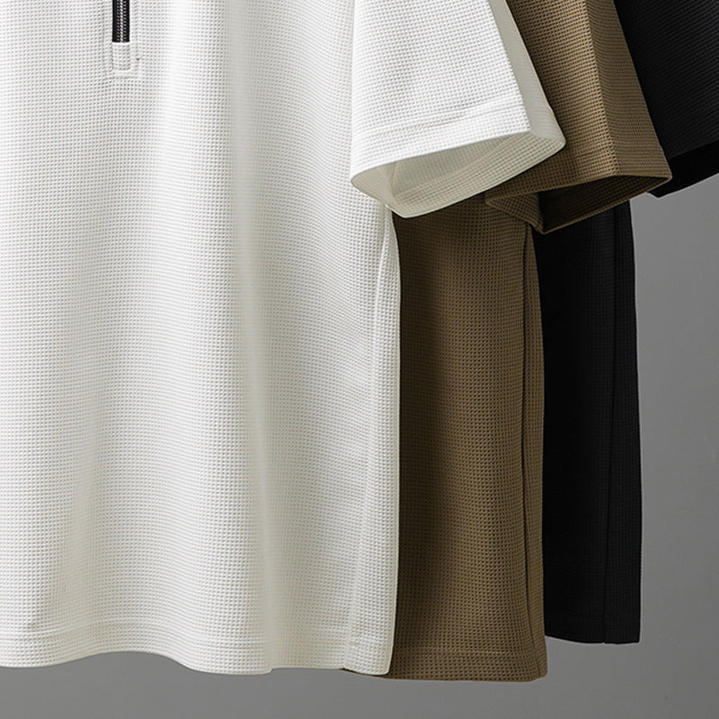 夏新作300g 3COLOR 無地ハーフジップワッフルTシャツ