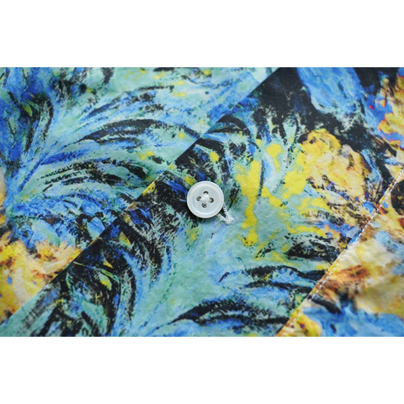 HAWAII ALOHA "Phantom Blue Flowers" Oil Painting Aloha Shirt