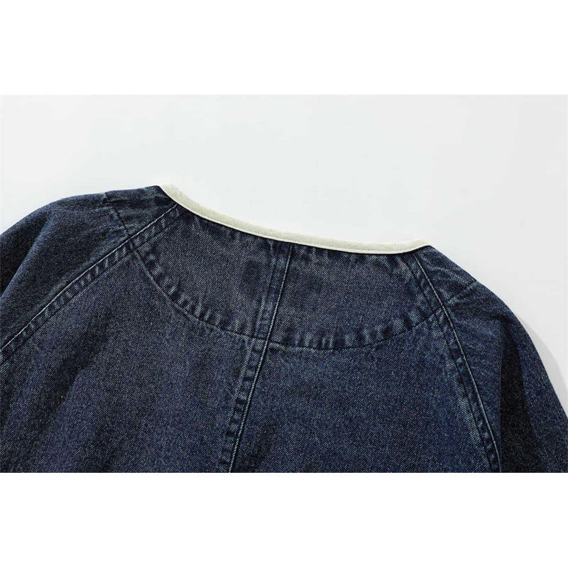 Chinese Button & Zip Collarless Denim Jacket